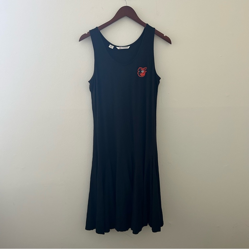 Black Sleeveless Midi Tank Dress with Red Chest Emblem